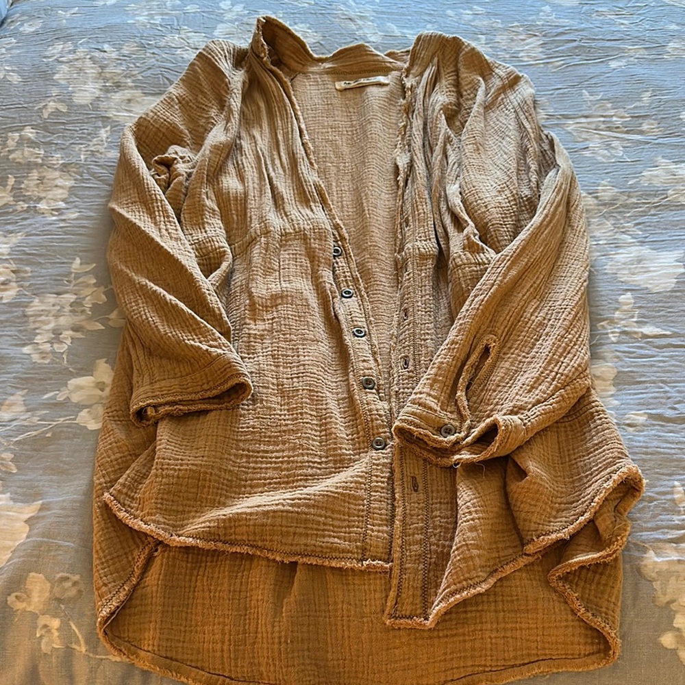 We The Free Button-Down Gauze Shirt Jacket in Camel Brown